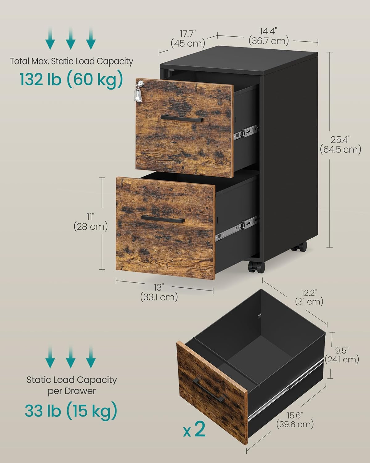 File Cabinet, Pre-Assembled except Wheels and Handles, Office Filing Cabinet with Lock, for A4, Legal, Letter Sized Documents, 17.7 X 14.4 X 25.4 Inches, Rustic Brown and Black UOFC112B02