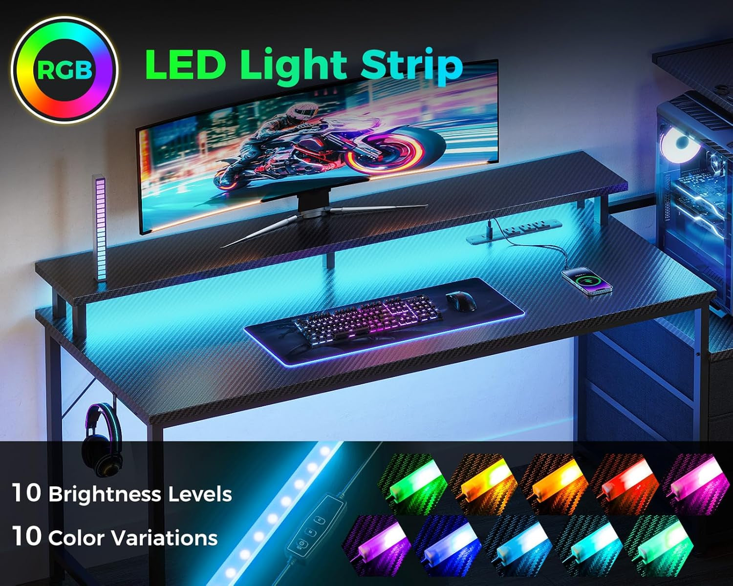 59 Inch Gaming Desk with USB Charging Ports & LED Light - Reversible Computer Desk with 3 Fabric Drawers, Monitor Stand, CPU Stand, and Side Hook, Modern Office Desk, Black