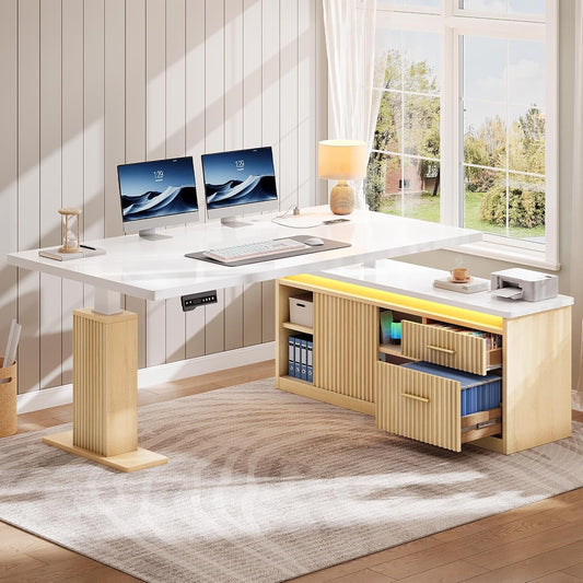 L Shaped Standing Desk with Power Outlets & LED Lights