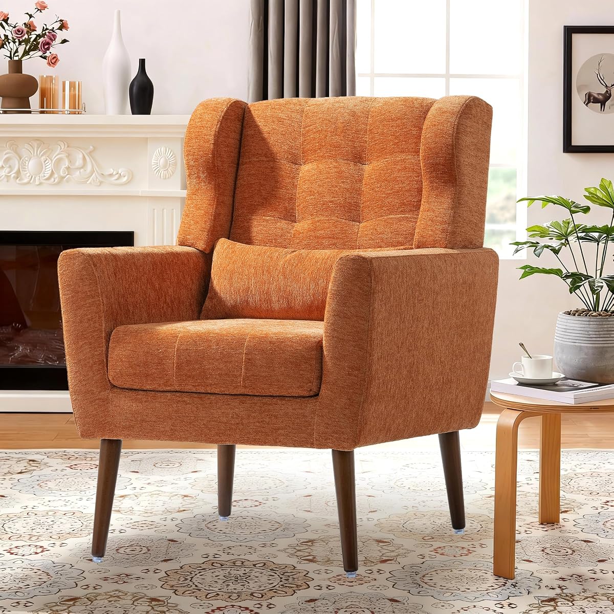 Modern Accent Chair, Upholstered Armchair with Pillow, Fabric Single Sofa Chair with Lounge Seat and Wood Legs Accent Chair for Living Room Bedroom Small Spaces (Orange, Set of 1)