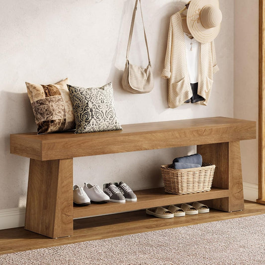 Tribesigns Wooden Entryway Bench with Shoe Storage, 63" Long 2-Tier Farmhouse Indoor Seating Bench with Open Shelves for Hallway, Foyer, End of Bed Stool for Bedroom, Brown