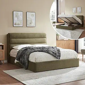 Queen Size Lift Up Storage Bed with Linen Headboard, Green, view 2