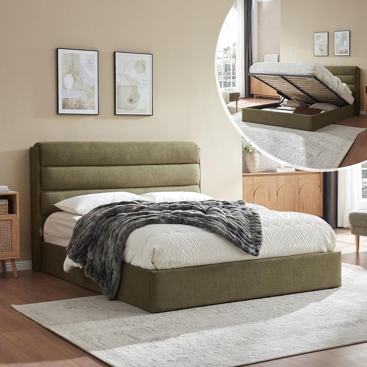 Queen Size Lift Up Storage Bed with Linen Headboard, Green