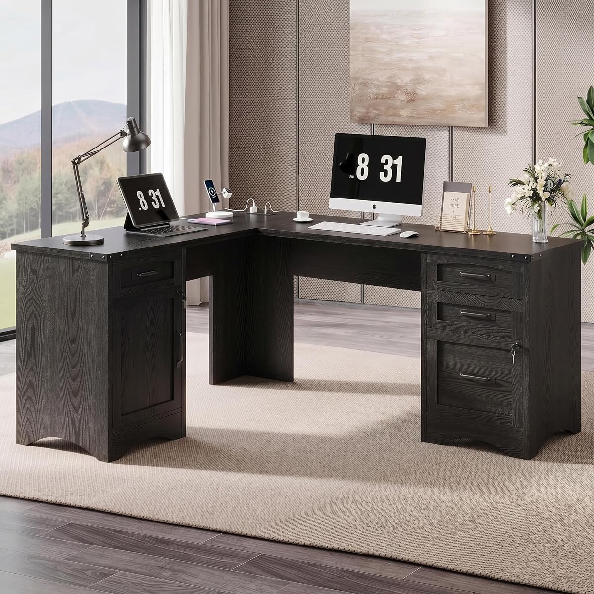 67" Farmhouse L Shaped Standing Desk with Drawers Home Office Executive Desks