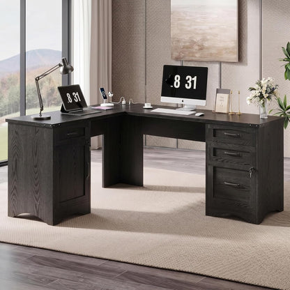 67" Farmhouse L Shaped Standing Desk with Drawers Home Office Executive Desks