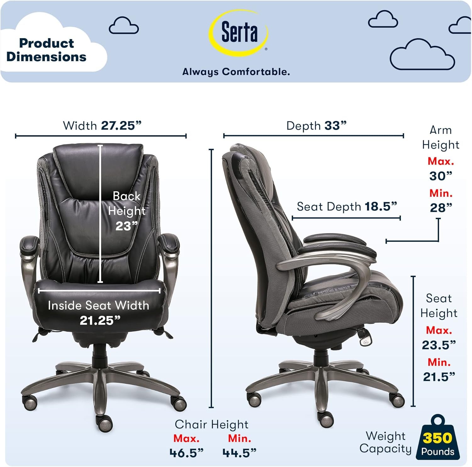 Baxter Big and Tall Smart Layers Executive Office Chair with Comfortcoils, Ergonomic Computer Chair with Layered Body Pillows, Black & Gray Bonded Leather