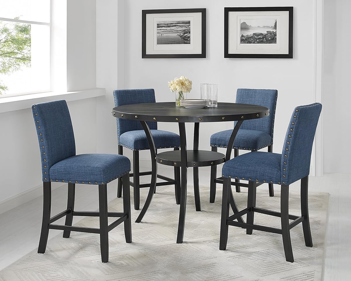 Collection Biony Espresso Wood Counter Height Dining Set with Blue Fabric Nailhead Stools