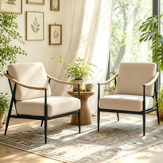 Modern Accent Chairs Set of 2 for Living Room Bedroom Mid Century Arm Chairs Upholstered Office Accent Chairs Comfy Waiting Room Chairs with Metal Frame, Beige
