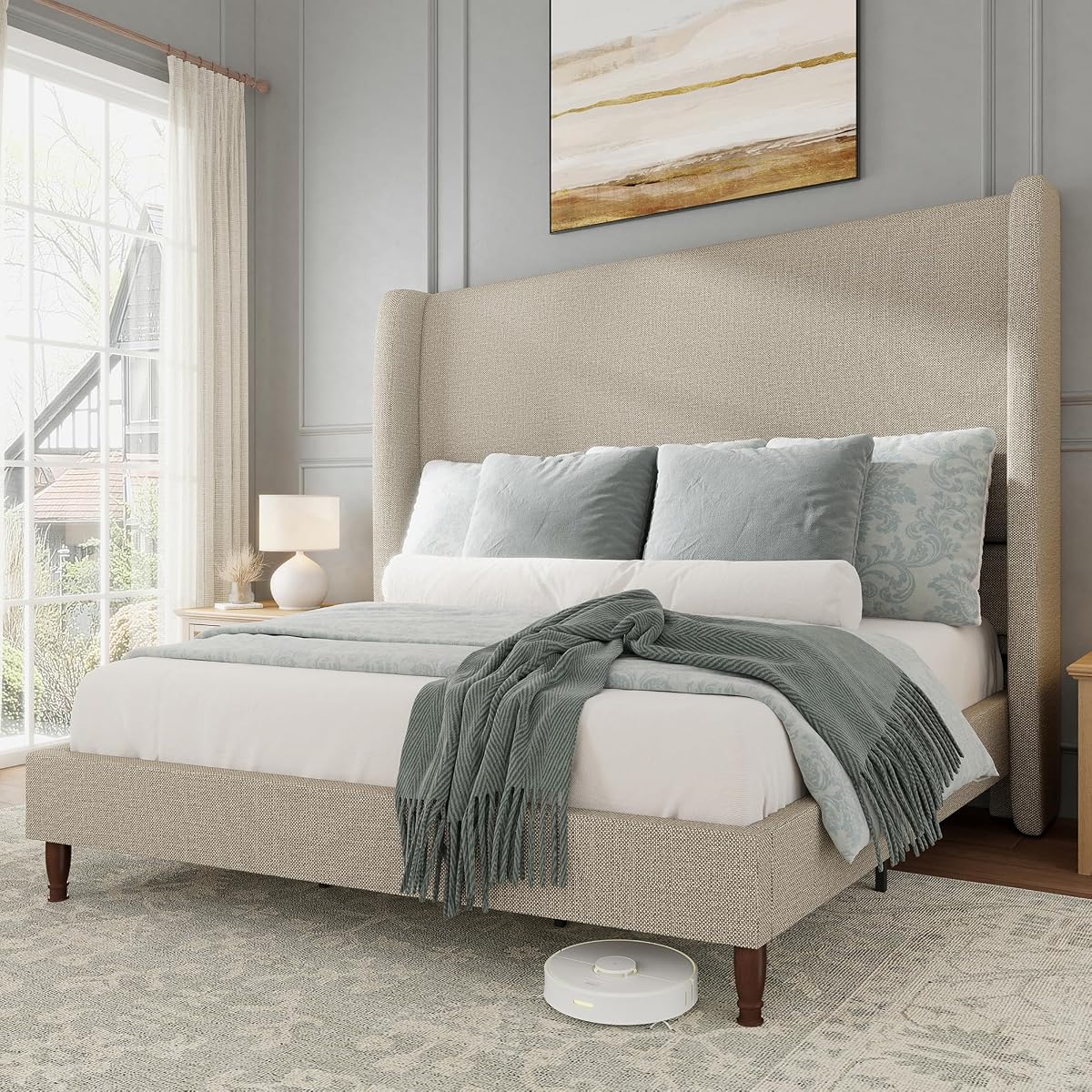Queen Bed Frame Linen Upholstered Wingback Headboard, Brown