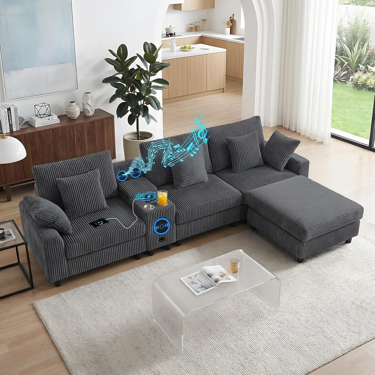 114" Corduroy Modular Sectional Couch with Built-in Speakers & USB Ports, Deep Seat L Shaped Couch with Storage Console, Cup Holders, Movable Ottoman, Cloud Comfy Gaming Sofa for Living Room (Gray)
