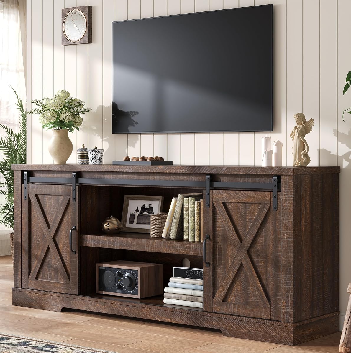 66” TV Stand for 65 Inch TV, Farmhouse Entertainment Center with Storage Cabinets and Adjustable Shelf & Feet, Modern TV Console Table for Living Room or Bedroom, Rustic Brown