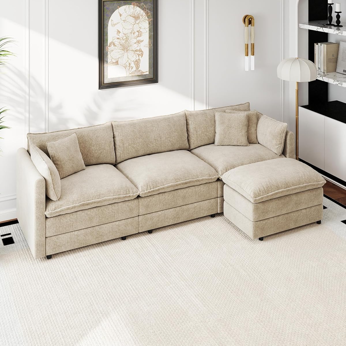 Modular Sectional Sofa Modern Convertible L Shaped Couch,112.2 Inch Deep 3-Seater Sofas Set Comfy Chenille Cloud Sofas and Couches with Movable Ottoman for Living Room Apartment（Camel）