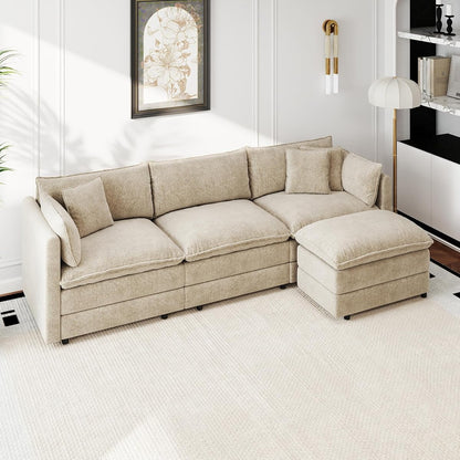 Modular Sectional Sofa Modern Convertible L Shaped Couch,112.2 Inch Deep 3-Seater Sofas Set Comfy Chenille Cloud Sofas and Couches with Movable Ottoman for Living Room Apartment（Camel）