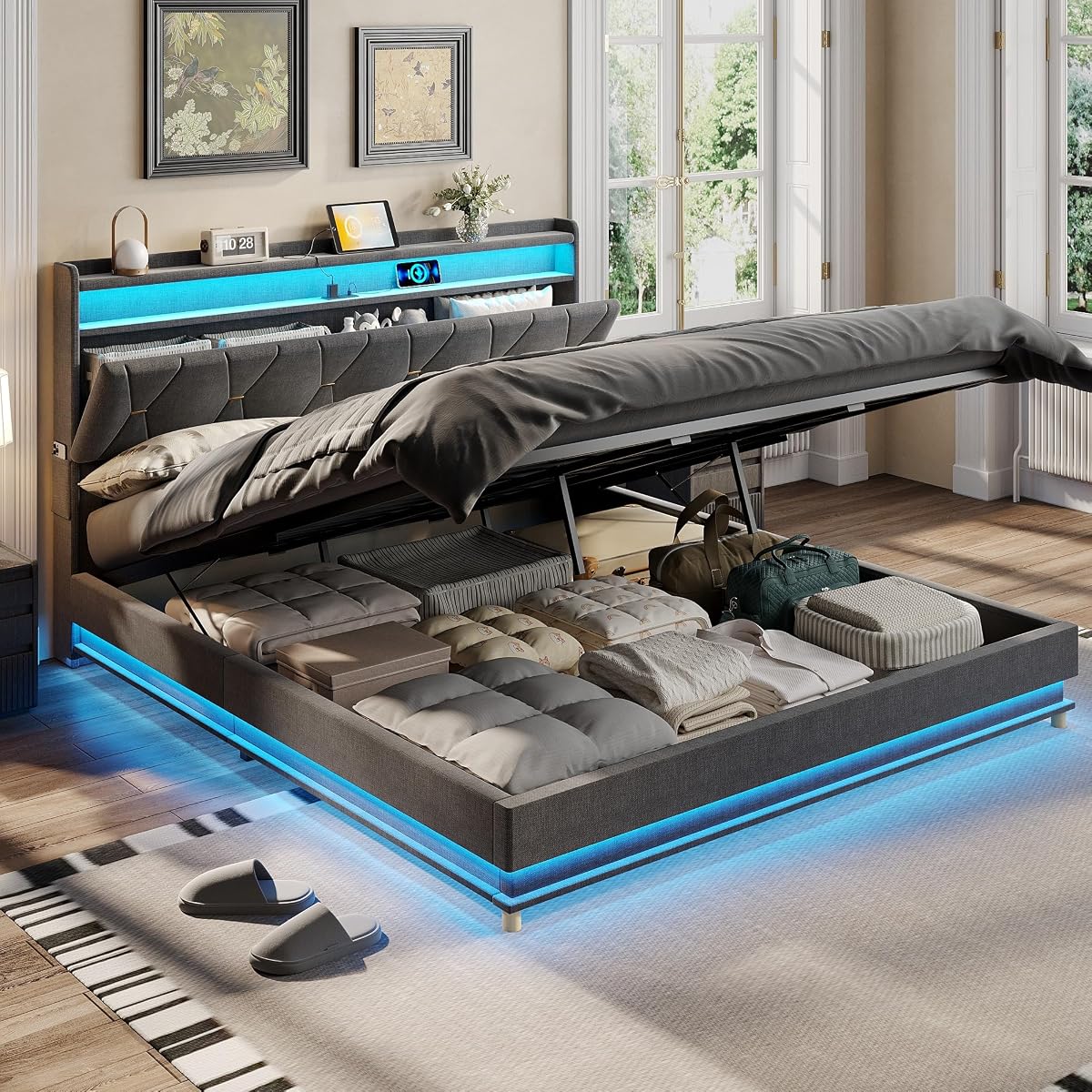 King Size Lift Up Storage Bed Frame, Storage Headboard with Charging Station