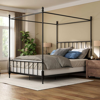 Vaeli Modern Metal Queen Size Four Poster Bed Frame with Spindles