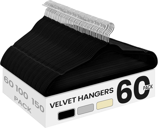 Velvet Hangers 60 Pack, Non-Slip Clothes Hangers with Silver-Colored Swivel Hooks, Slim Space-Saving for Closet, Heavy-Duty, Black UCRF036BZ02S