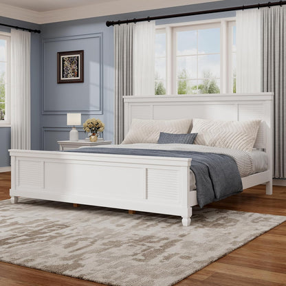 King Size Bed Frame and Wood Headboard, Farmhouse White Platform Bed Frame with Sturdy Wooden Support Slats, No Box Spring Needed, Holds up to 800 Pounds, Noise-Free, Easy Assembly