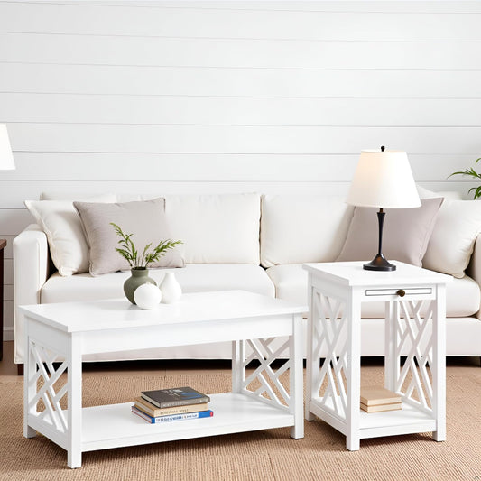 Coventry 2-Piece Living Room Table Set – Cottage Style Coffee Table and End Table with Lower Shelves and Pull-Out Tray – for Apartment, Loft, or Teen Room by  (White)