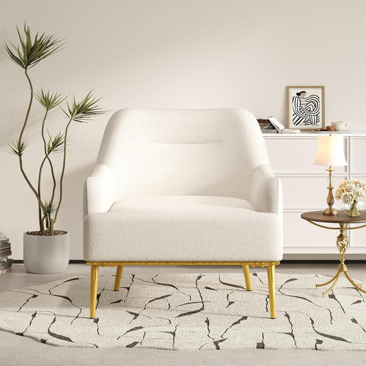 Justin Modern Accent Chair with Metal Legs, Chenille Upholstered Lounge Chair Indoor, Curved Backrest Armchair, Soft Cushion Seating for Living Room Reading Home, Beige