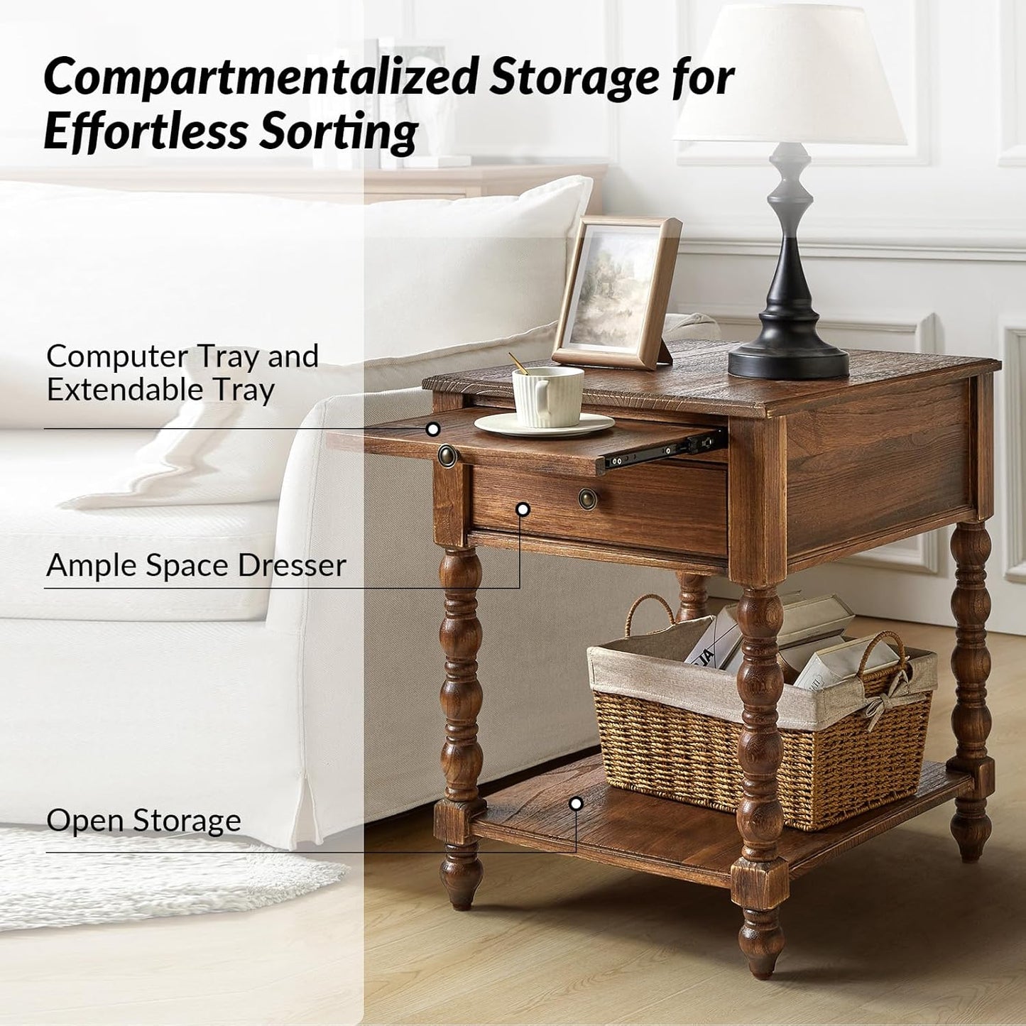 Spindle Nightstands with Charging Station, Solid Wood Nightstand with Drawer Shelf, Side Table with Pull-Out Shelf (Walnut)