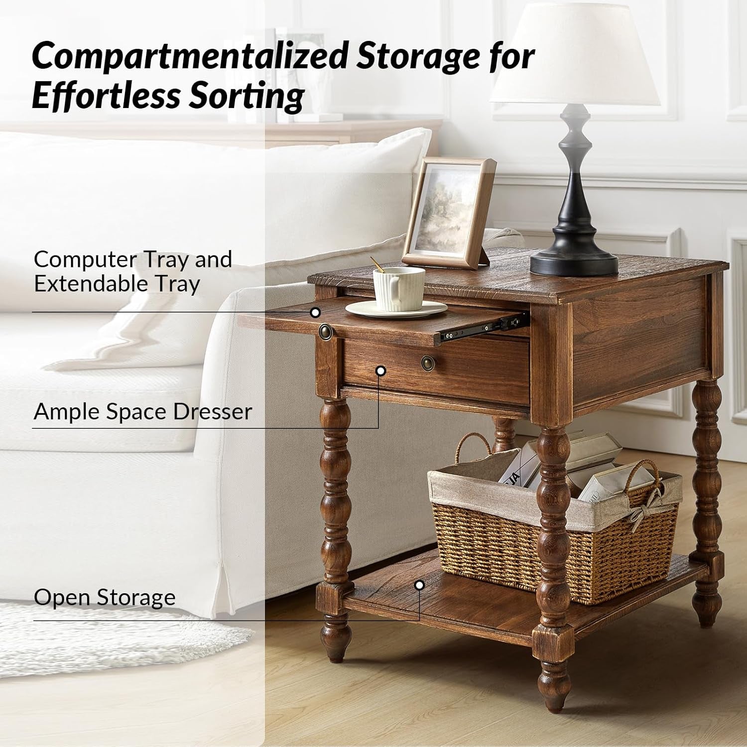 Spindle Nightstands with Charging Station, Solid Wood Nightstand with Drawer Shelf, Side Table with Pull-Out Shelf (Walnut)