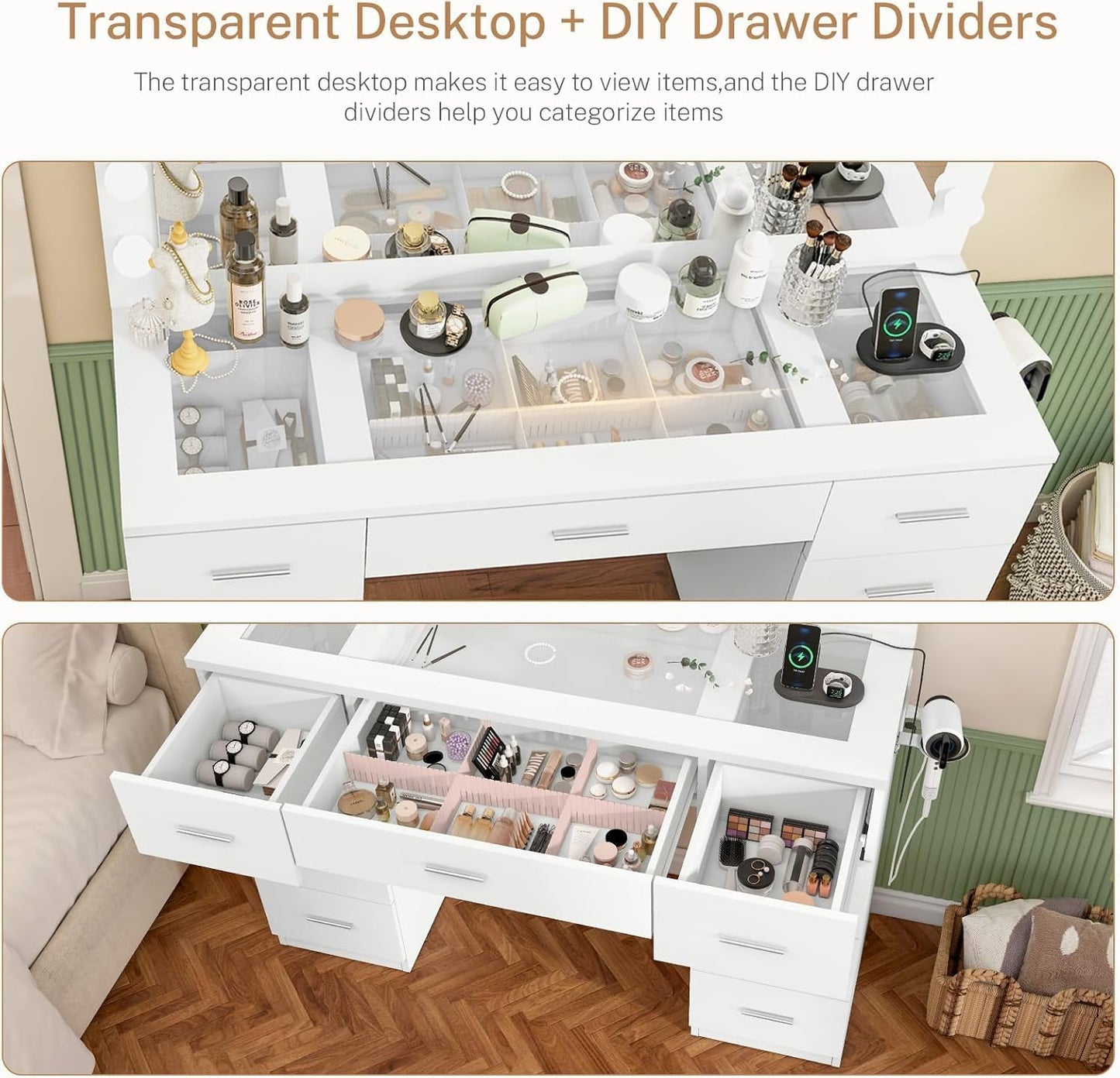 46" Vanity Desk with Glass Top & Lights Mirror, 3 Adjustable Lighting Color, Makeup Vanity with 9 Drawers and 12 LED Lights, Dressing Table for Bedroom, Vanity for Girls, White