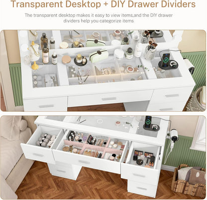 46" Vanity Desk with Glass Top & Lights Mirror, 3 Adjustable Lighting Color, Makeup Vanity with 9 Drawers and 12 LED Lights, Dressing Table for Bedroom, Vanity for Girls, White