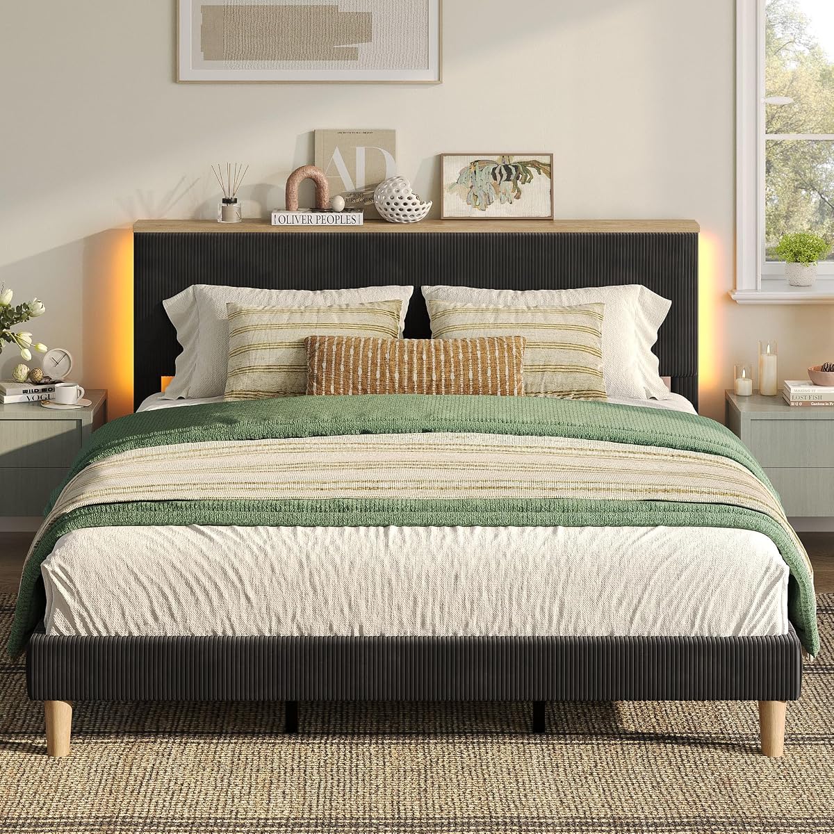 King Bed Frame with Storage Headboard & LED, Upholstered, Black