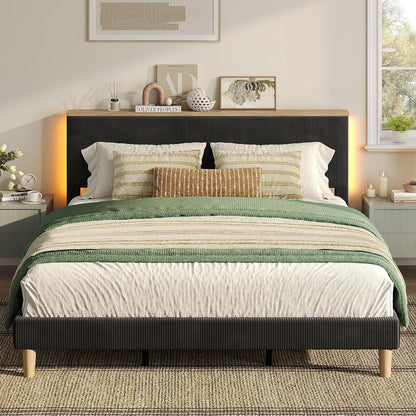 King Bed Frame with Storage Headboard & LED, Upholstered, Black