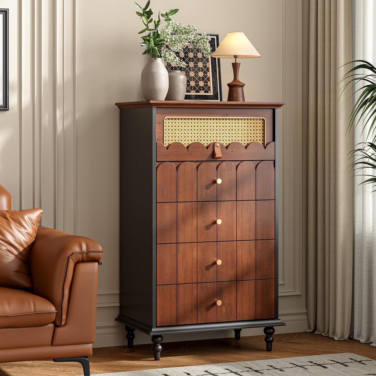 Vintage Wooden Storage Unit with Solid Wood Drawer Fronts and Rattan Accent