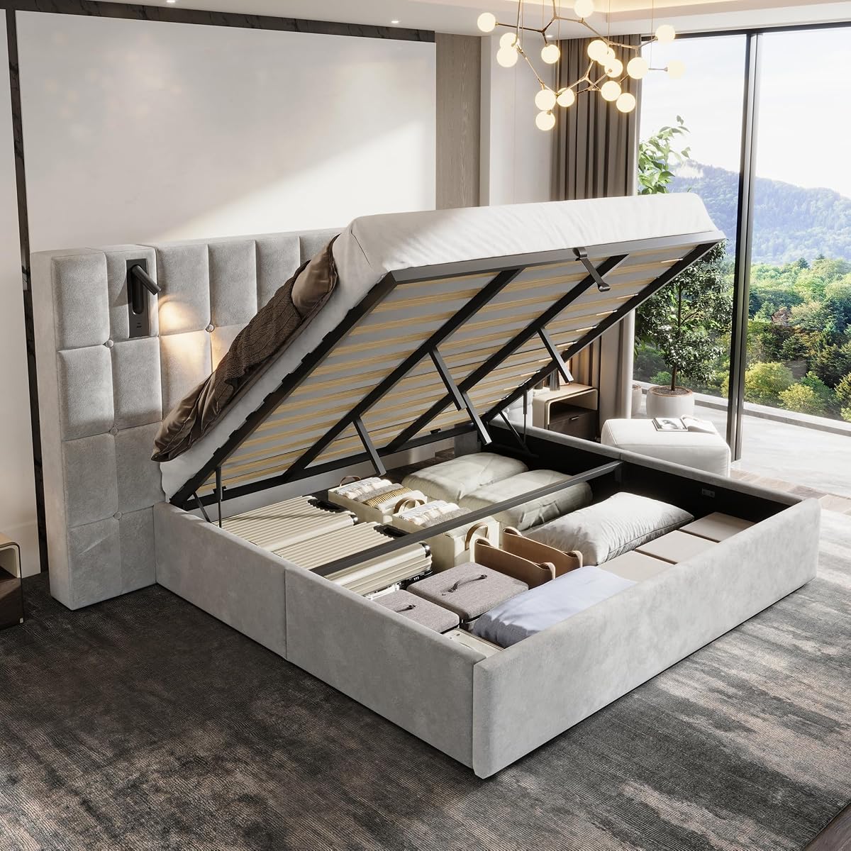 King Bed Frame Velvet Upholstered with Lift-Up Storage, Gray