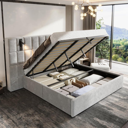 King Bed Frame Velvet Upholstered with Lift-Up Storage, Gray