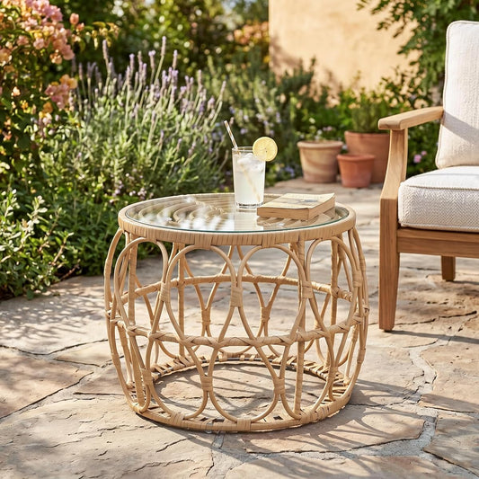 Boho rattan round outdoor coffee table with tempered glass top