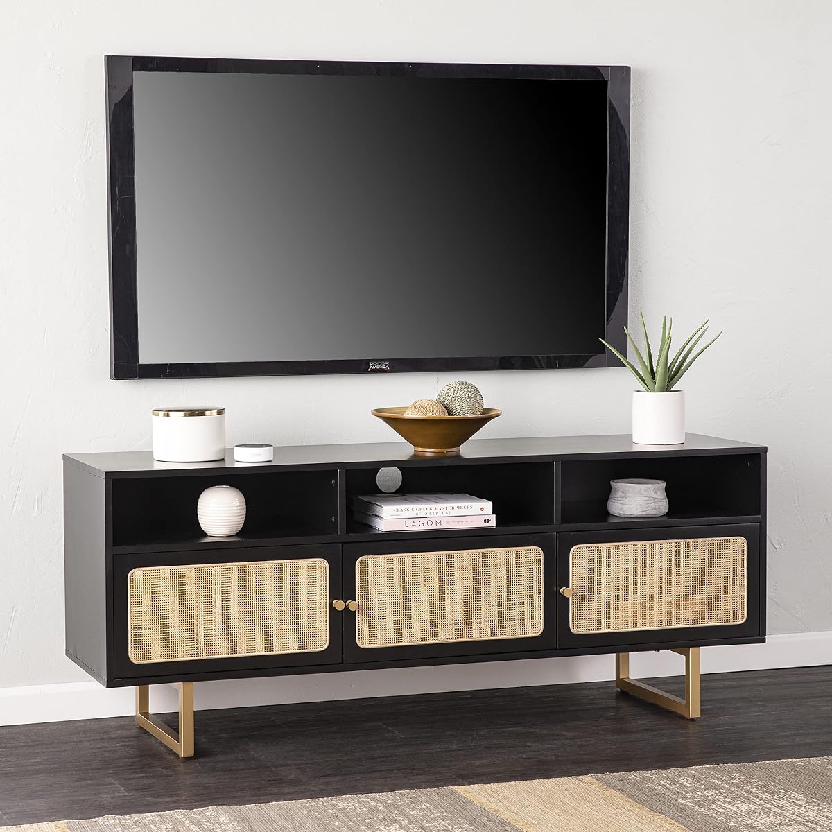 Mursley Media Cabinet with Storage - Transitional Design, Black Rattan - Ideal for Living Room, Family Room (MS1222613)