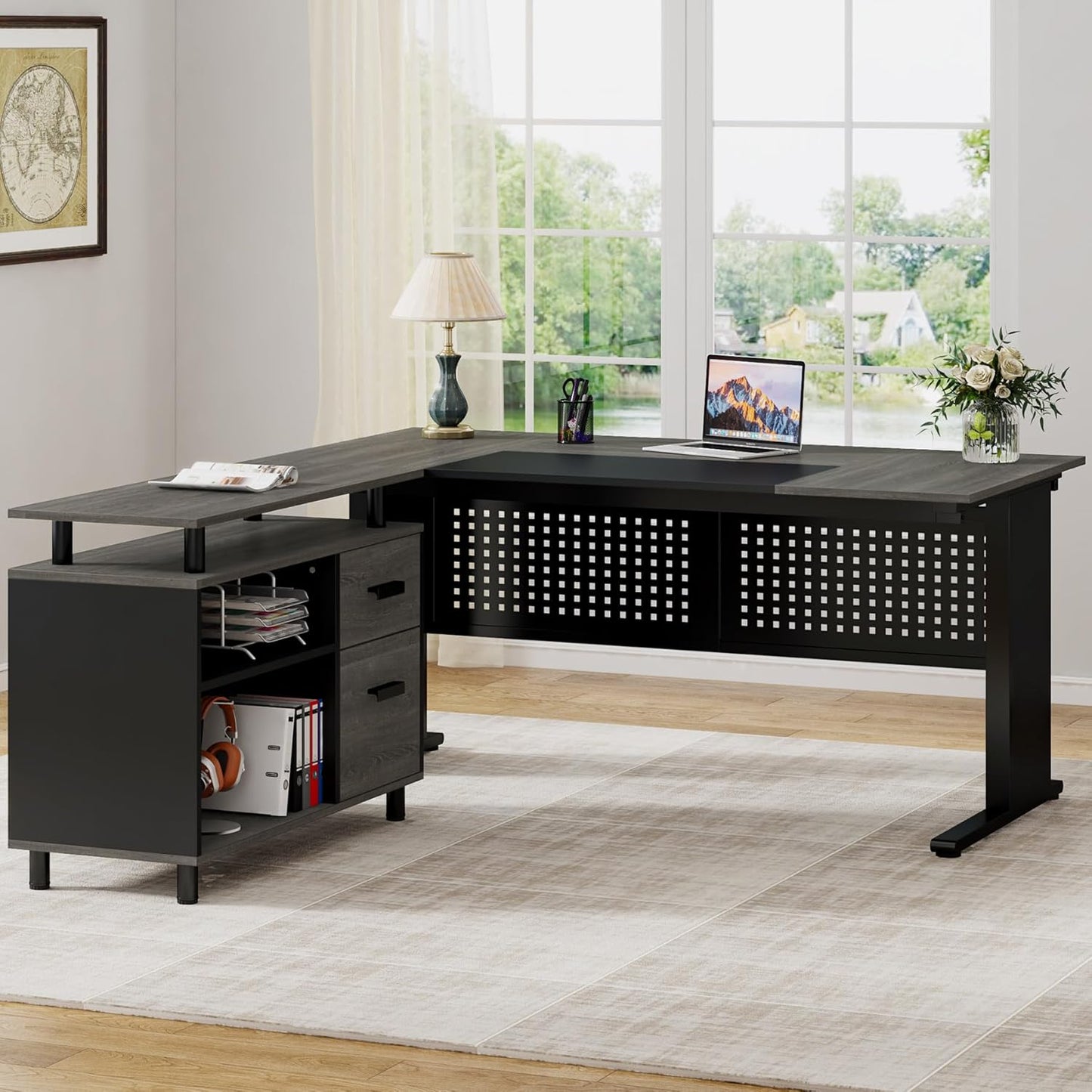 63 Inch Executive Desk with File Cabinet, L Shaped Office Desk with Drawers and Storage Shelves, Business Furniture Set Workstation for Home Office, Gray and Black