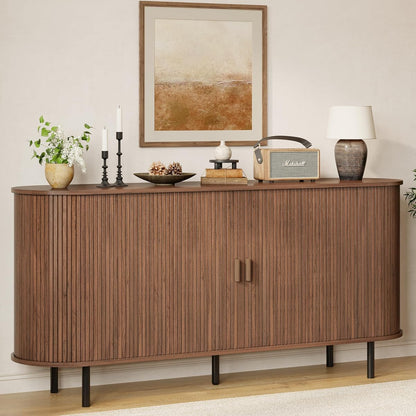 63" Fluted Buffet Sideboard Cabinet with Sliding Door, Walnut