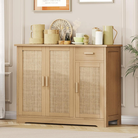 Rattan Sideboard Buffet Cabinet with Storage, Accent Kitchen Cabinet with 3 Doors & Drawer, Storage Cabinet with Adjustable Shelves, Coffee Bar for Living Room, Entryway, Natural Oak