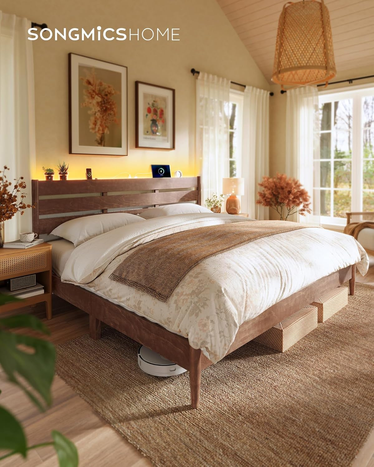 HOME King Bed Frame with Solid Wood Legs Slats, Platform Bed with Headboard, LED Lights, Charging Station, Mid-Century Modern Style, No Box Spring Needed, Coffee Brown URMB414K02
