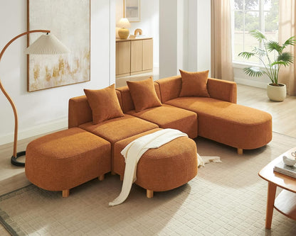 109.84" Modular Sectional Sofa with 3 Pillows, Convertible 5-Seater Comfy Boucle Cloud Couch with Ottoman, Modern Sectional Sofas for Living Room, Office, Apartment (Curry)