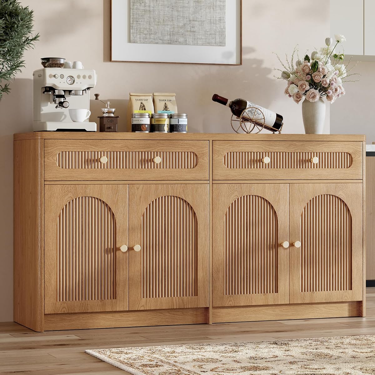 59" W Arched and Fluted Sideboard Buffet Cabinet with Storage, Oak