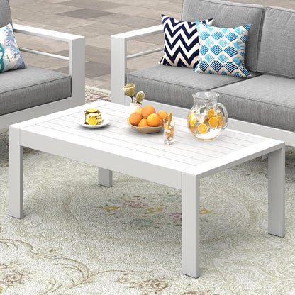Aluminum Outdoor Furniture Patio Coffee Table, All-Weather Outdoor Metal Coffee Table, Modern Rectangle Coffee Table for Balcony, Garden, White