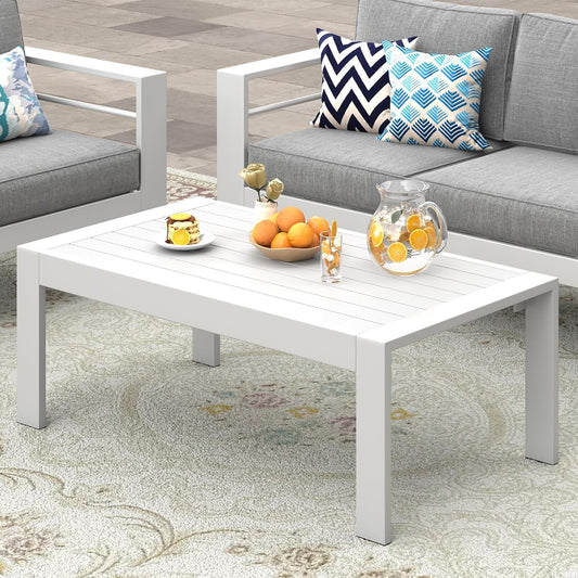 White aluminum rectangle outdoor coffee table