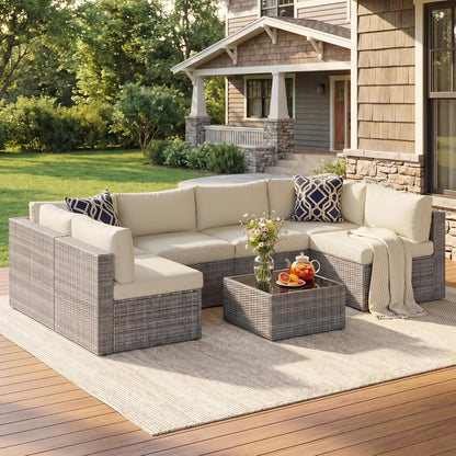 7 Pieces Wicker Outdoor Patio Furniture Set, Patio Sectional Sofa with Coffee Table, All-Weather Outdoor Sectional Furniture for Garden Backyard, Beige