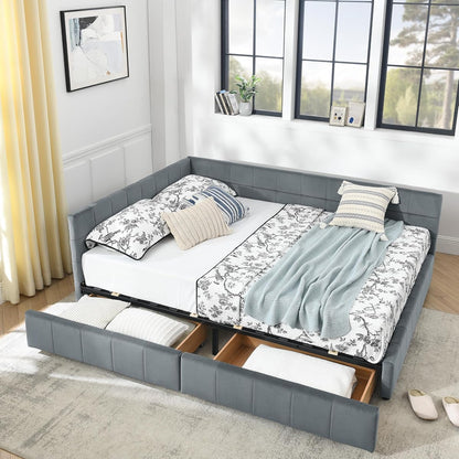 Queen Size Upholstered Daybed with Storage Drawer, Upholstered Tufted Bed Frame, Modern Sofa Bed Frame with Comfortable Backrest and Armrests, for Bedroom, Living Room, Velvet, Grey