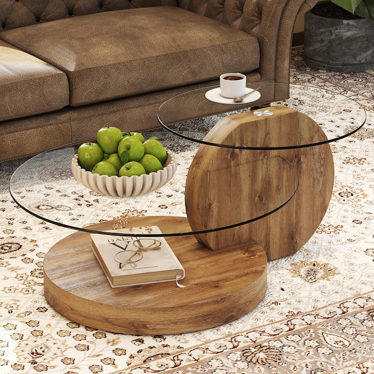 Glass Coffee Table, Modern Round Glass Coffee Table with Wooden Base, 3 Tier Round Coffee Table, Clear Cocktail Table with Storage for Living Room, Office, Balcony (42″ Wood)