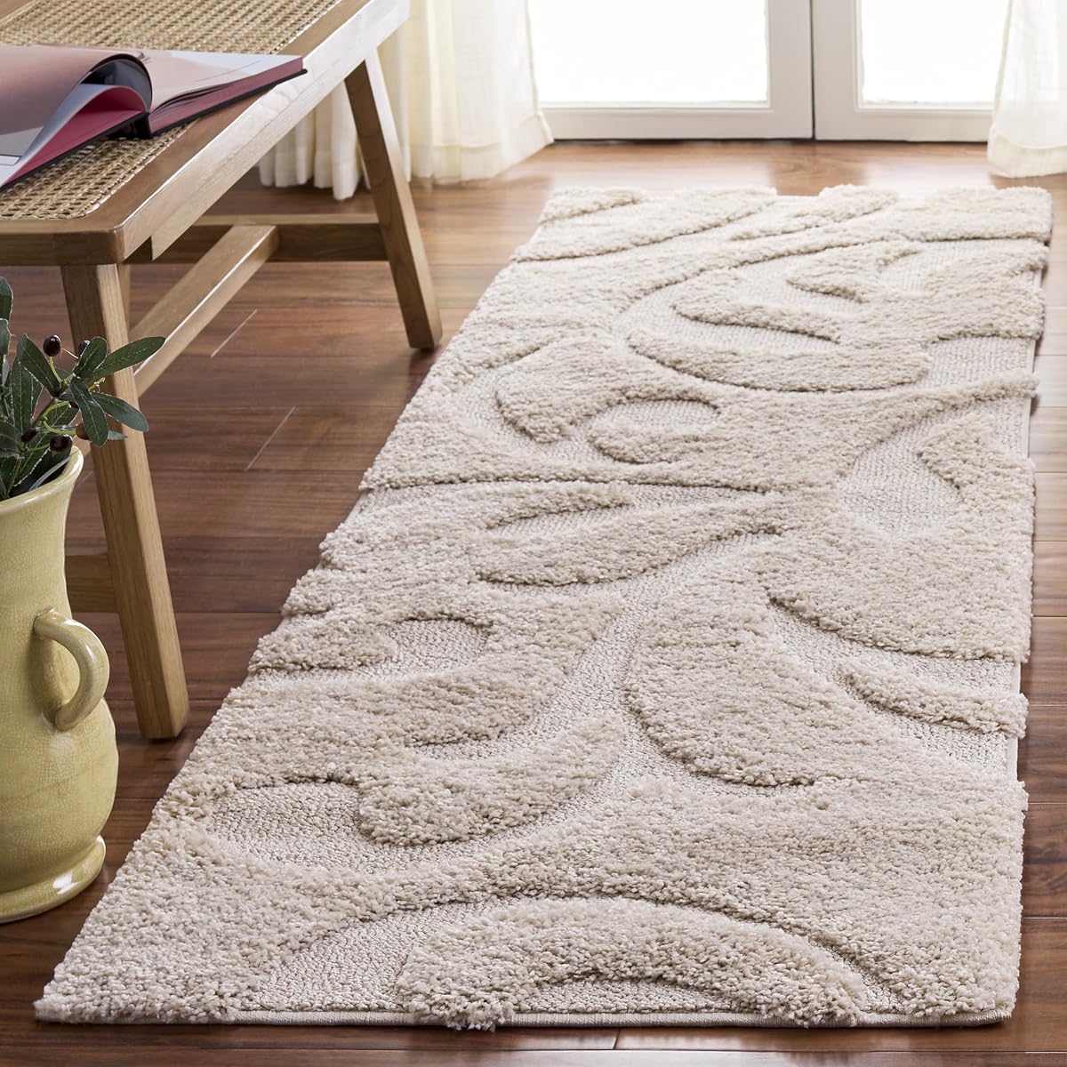 SAFAVIEH Florida Shag Collection Runner Rug - 2'3" x 7', Creme & Creme, Scroll Design, Non-Shedding & Easy Care, 1.2-inch Thick Ideal for High Traffic Areas in Living Room, Bedroom (SG468-1111)