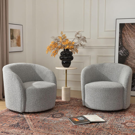 34" W Swivel Barrel Chair Set of 2, Mid Century Modern Round Upholstered Boucle Swivel Accent Chairs, No Assembly Sofa Chair for Living Room Bedroom Reading, Black White