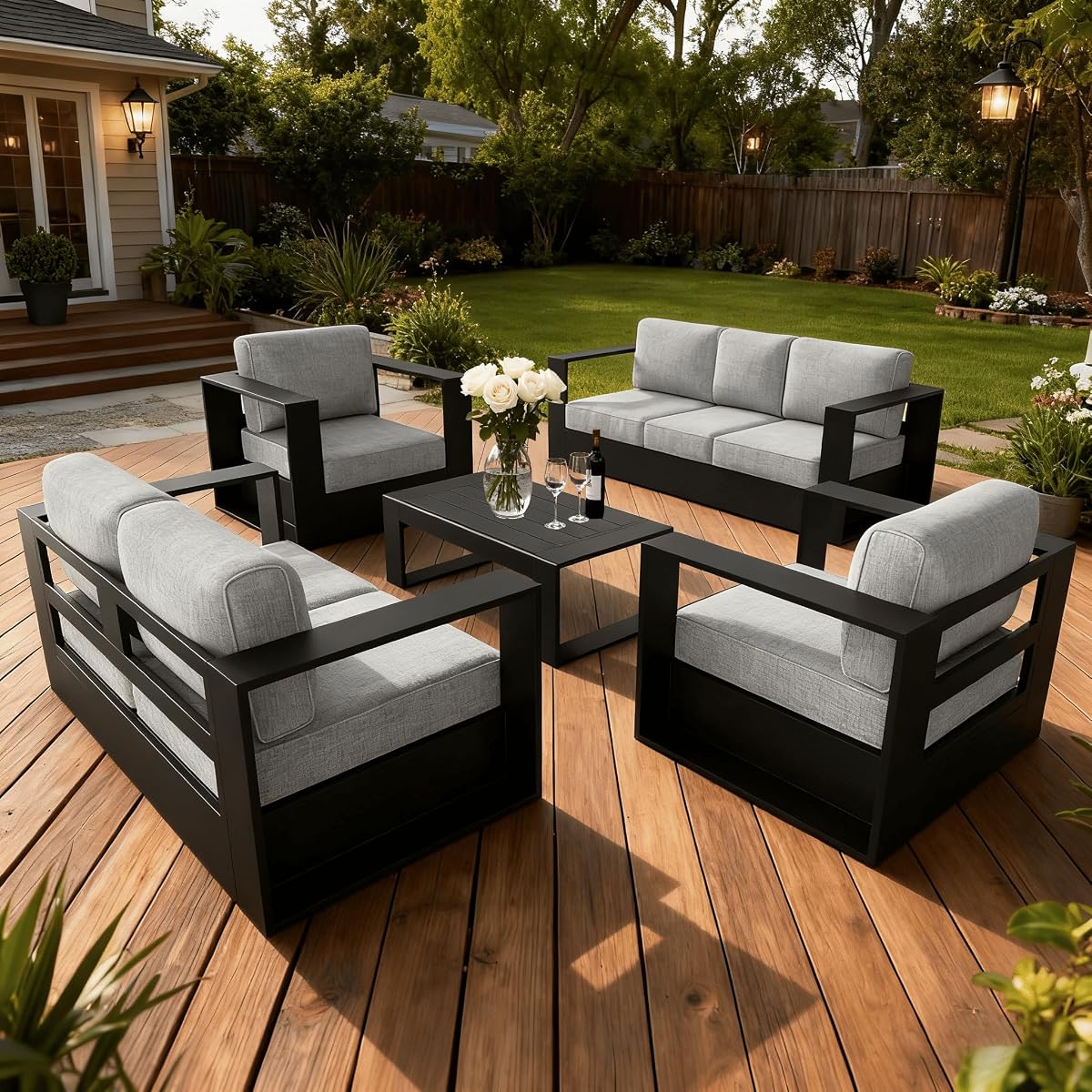 Oversized Aluminum Outdoor Furniture Set, 5 Piece Patio Sofa Sets with Coffee Table, Deep Seating and Upgraded 6-inch Cushions for Porch, Balcony, Deck