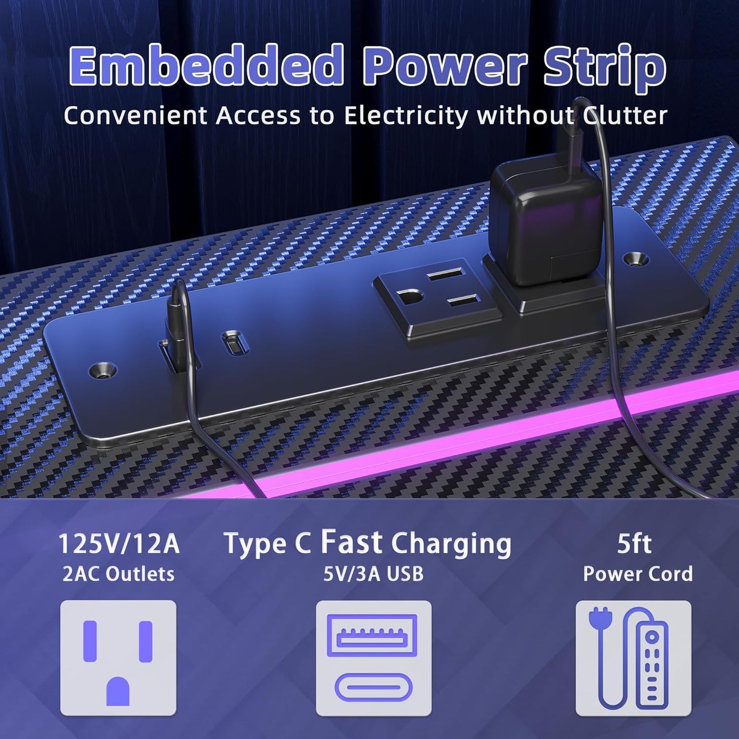 Gaming Desk with Power Outlets & LED 40 Inch Ergonomic Computer Carbon Fiber Surface Gamer Desk, PC Workstation with Headphone Hook for Bedroom, Kids Desk Gift for Boys, Black