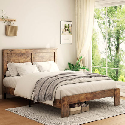 DWOYFO Wood Platform Bed Frame, Queen Bed Frame with Headboard, Dark Brown